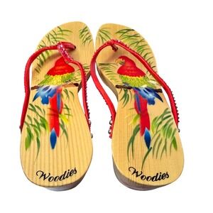Woodies Women's Size 8 Wedge Flip Flops Wooden Platform Parrot Tropical